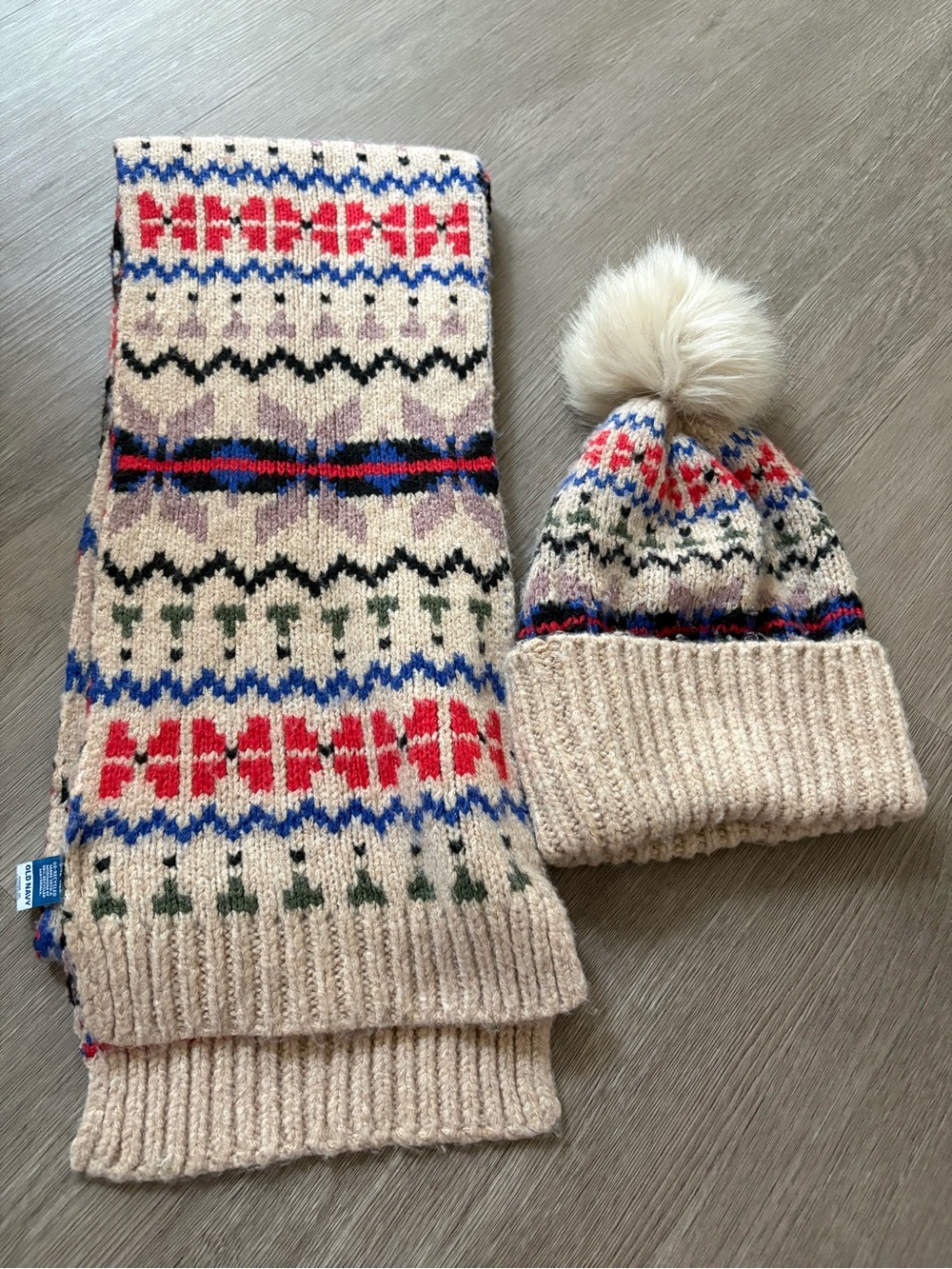 Womens Pom-Pom Beanie and Scarf Set - Beige Fair Isle Knit